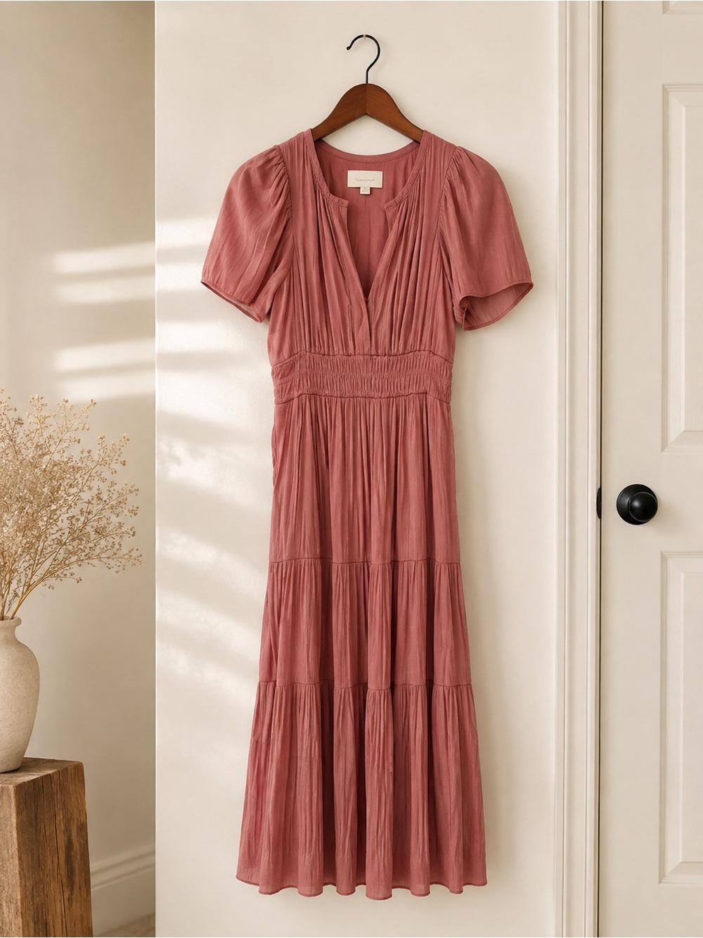Anthropologie somerset Dusty Rose Tiered V‑Neck silky Midi Dress